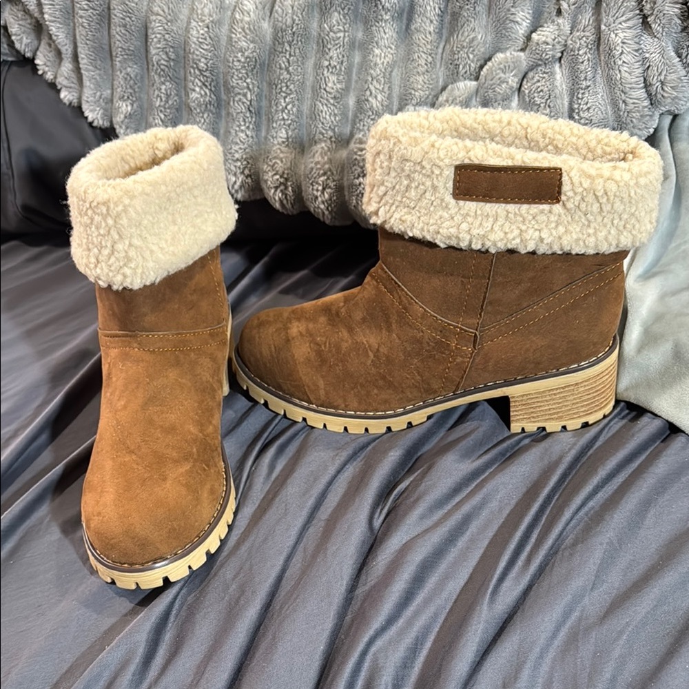 Brown Suede Ankle Boots with Cream Fur Lining